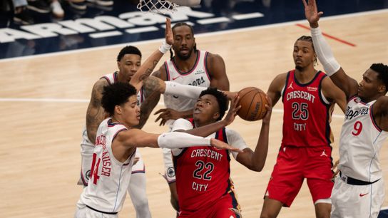 New Orleans Pelicans center  Derik Queen (22) goes up for a shot in during an NBA game between the New Orleans Pelicans and the LA Clippers on Sunday, March 1, 2026 at Intuit Dome in Inglewood Calif