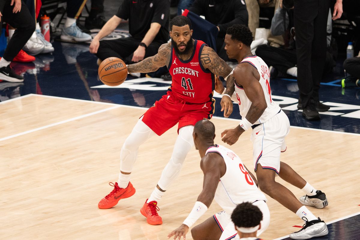 New Orleans Pelicans center  Saddiq Bey (41) posts up in during an NBA game between the New Orleans Pelicans and the LA Clippers on Sunday, March 1, 2026 at Intuit Dome in Inglewood Calif