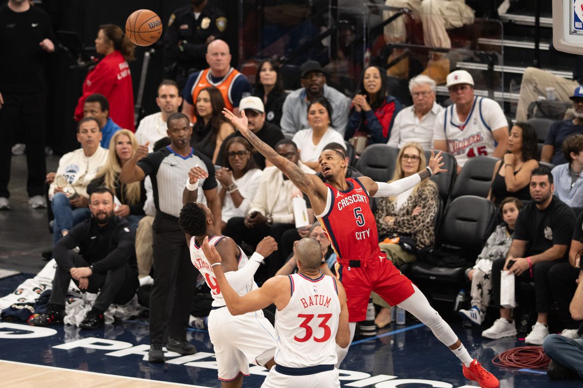 New Orleans Pelicans guard Dejaunte Murray (5) reaches out for a rebound in during an NBA game between the New Orleans Pelicans and the LA Clippers on Sunday, March 1, 2026 at Intuit Dome in Inglewood Calif