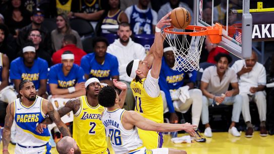 Jaxson Hayes #11 of the Los Angeles Lakers dunks the ball during an NBA basketball game against the Indiana Pacers, Friday March 6, 2026 in Los Angeles, Calif.