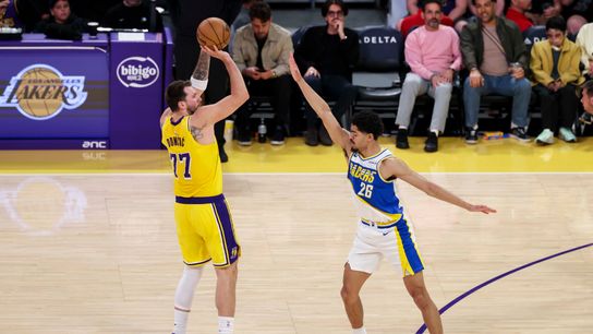 Luka Dončić #77 of the Los Angeles Lakers shoots a three pointer during an NBA basketball game against the Indiana Pacers, Friday March 6, 2026 in Los Angeles, Calif.