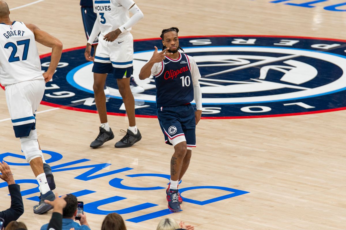 Los Angeles Clippers guard Darius Garland (10) celebrates his made three pointer during an NBA basketball game against the Minnesota Timberwolves, March 11th, 2026 in Los Angeles, California.