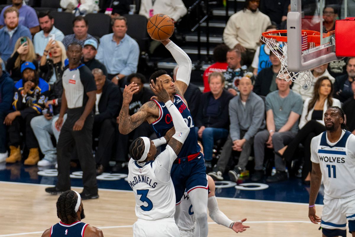 Los Angeles Clippers guard Jordan Miller (22) with a big dunk to end the third quarter during an NBA basketball game against the Minnesota Timberwolves, Wednesday March 11th, 2026 in Los Angeles, California.