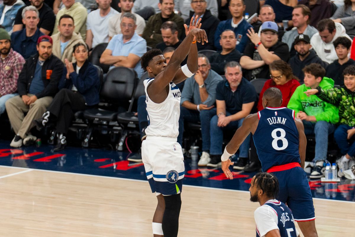 Minnesota Timberwolves guard Anthony Edwards (5) hits his three pointer during an NBA basketball game against the Los Angeles Clippers, March 11th, 2026 in Los Angeles, California. 