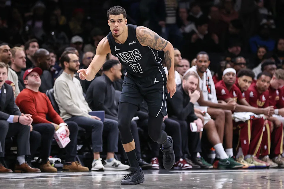 Mar 1, 2026; Brooklyn, New York, USA; Brooklyn Nets forward Michael Porter Jr. (17) gestures after making a three point shot in the first quarter against the Cleveland Cavaliers at Barclays Center. Mandatory Credit: Wendell Cruz-Imagn Images