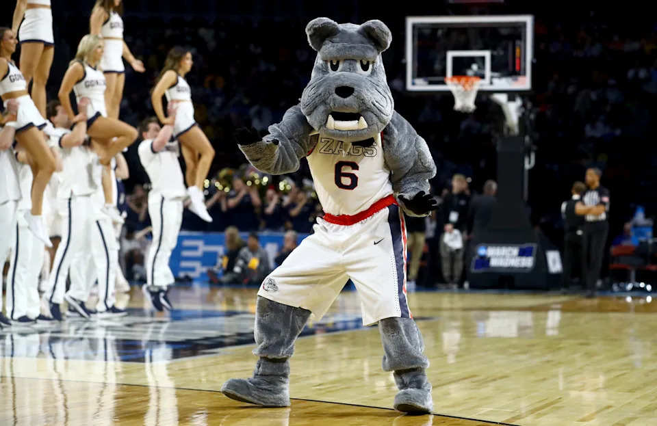 The mascot for the Gonzaga Bulldogs in the second half of a first round men’s NCAA Tournament game against the Georgia Bulldogs at Intrust Bank Arena on March 20, 2025 in Wichita, Kan.