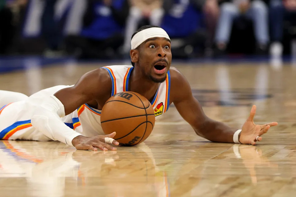 Mar 17, 2026; Orlando, Florida, USA; Oklahoma City Thunder guard Shai Gilgeous-Alexander (2) reacts after a loose ball against the Orlando Magic in the second quarter at Kia Center. Mandatory Credit: Nathan Ray Seebeck-Imagn Images