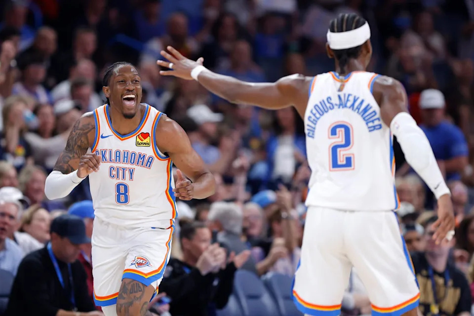 Oklahoma City Thunder guard Jalen Williams (8) celebrates with Oklahoma City Thunder guard Shai Gilgeous-Alexander (2) during an NBA basketball game between the Oklahoma City Thunder and the New York Knicks at Paycom Center in Oklahoma City, Sunday, March 29, 2026.
