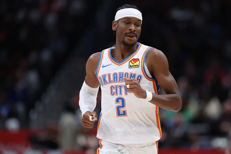 WASHINGTON, DC - MARCH 21: Shai Gilgeous-Alexander #2 of the Oklahoma City Thunder celebrates against the Washington Wizards during the second half at Capital One Arena on March 21, 2026 in Washington, DC. NOTE TO USER: User expressly acknowledges and agrees that, by downloading and or using this photograph, User is consenting to the terms and conditions of the Getty Images License Agreement. (Photo by Patrick Smith/Getty Images)