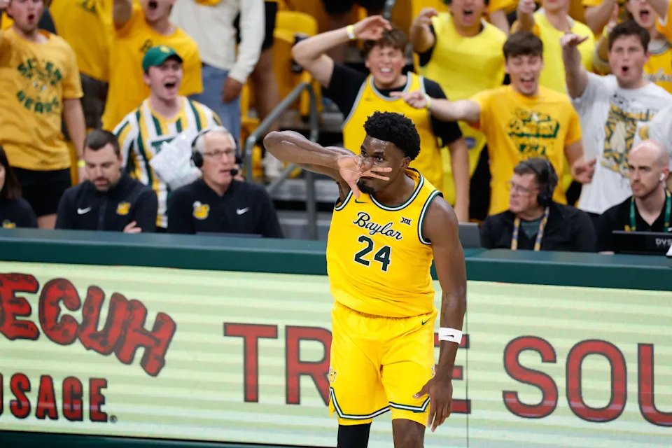 Feb 10, 2026; Waco, Texas, USA; Baylor Bears guard Tounde Yessoufou (24) reacts after scoring a three-point basket against the BYU Cougars during the second half at Paul and Alejandra Foster Pavilion. Mandatory Credit: Chris Jones-Imagn Images