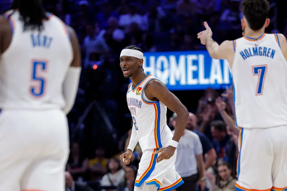 Mar 29, 2026; Oklahoma City, Oklahoma, USA; Oklahoma City Thunder guard Shai Gilgeous-Alexander (2) celebrates after scoring against the New York Knicks during the second half at Paycom Center. Mandatory Credit: Alonzo Adams-Imagn Images