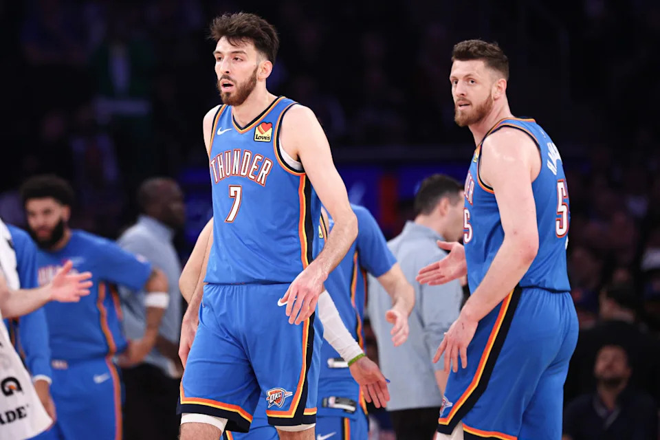 Oklahoma City Thunder center Chet Holmgren (7) and center Isaiah Hartenstein (55) react after a basket during the first half against the New York Knicks at Madison Square Garden.<br> © Nathan Ray Seebeck-Imagn Images
