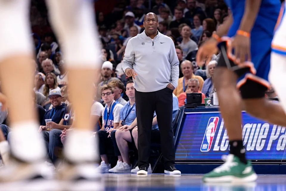 OKLAHOMA CITY, OKLAHOMA - MARCH 29: Mike Brown of the New York Knicks watches game play during the second half against the Oklahoma City Thunder at Paycom Center on March 29, 2026 in Oklahoma City, Oklahoma. NOTE TO USER: User expressly acknowledges and agrees that, by downloading and or using this photograph, User is consenting to the terms and conditions of the Getty Images License Agreement. (Photo by William Purnell/Getty Images)
