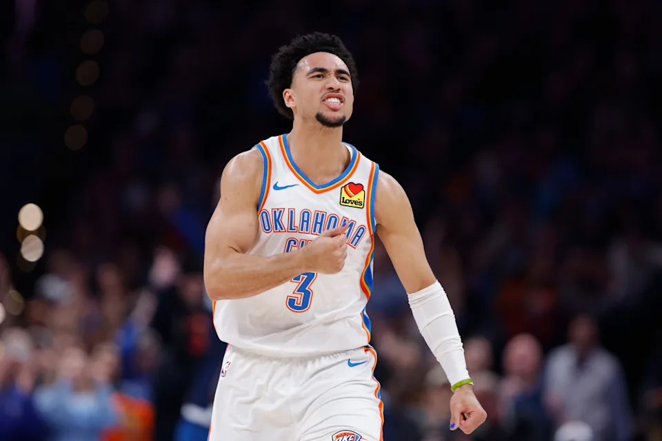 Mar 15, 2026; Oklahoma City, Oklahoma, USA; Oklahoma City Thunder guard Jared McCain (3) celebrates after scoring against the Minnesota Timberwolves during the second half at Paycom Center. Mandatory Credit: Alonzo Adams-Imagn Images