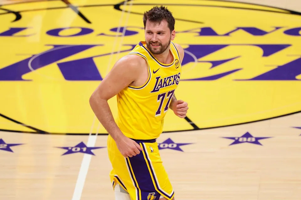 Luka Dončić #77 of the Los Angeles Lakers celebrates during an NBA basketball game against the Chicago Bulls, Thursday March 12, 2026 in Los Angeles, Calif.