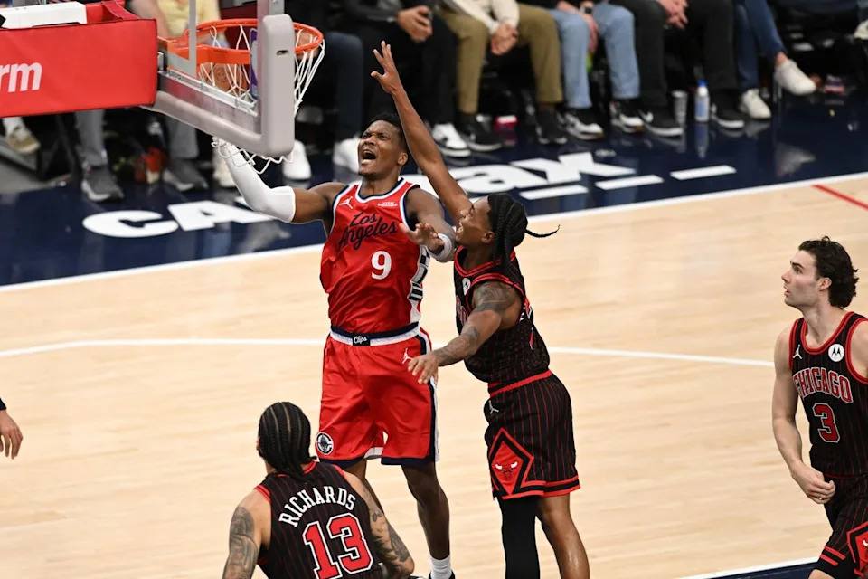 Los Angeles Clippers guard Bennedict Mathurin (9) gets fouled during a game between the Los Angeles Clippers and the Chicago Bulls on Friday, March 13, 2026 at Intuit Dome in Inglewood Calif