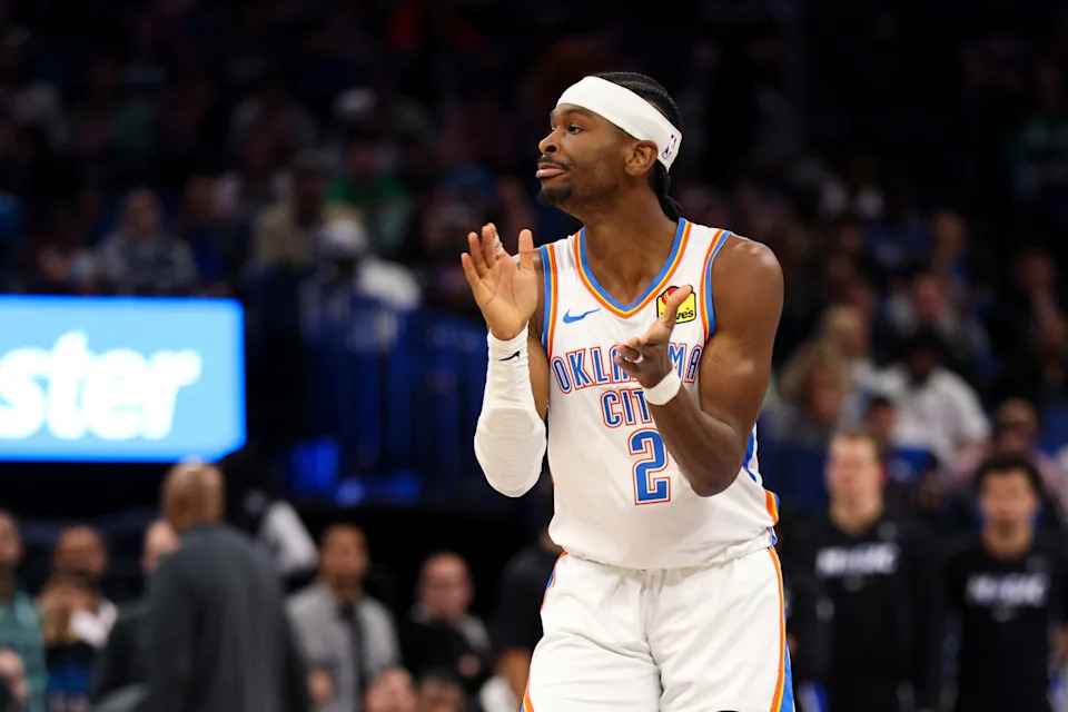 Mar 17, 2026; Orlando, Florida, USA; Oklahoma City Thunder guard Shai Gilgeous-Alexander (2) reacts after making a basket against the Orlando Magic in the fourth quarter at Kia Center. Mandatory Credit: Nathan Ray Seebeck-Imagn Images