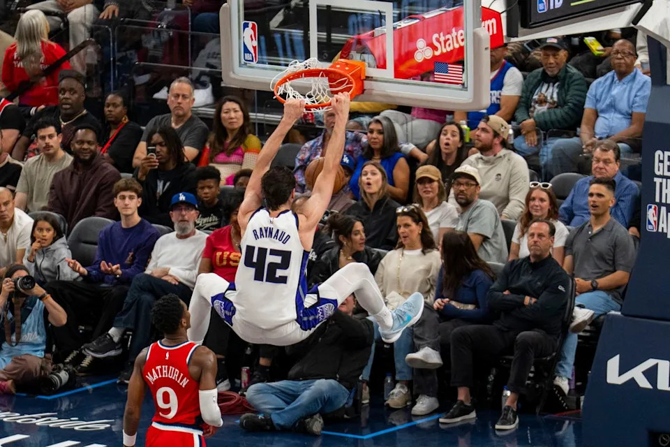 Minnesota Timberwolves forward Maxime Raynaud (10) throws down an emphatic dunk during an NBA basketball game against the Los Angeles Clippers, March 14th, 2026 in Los Angeles, California.