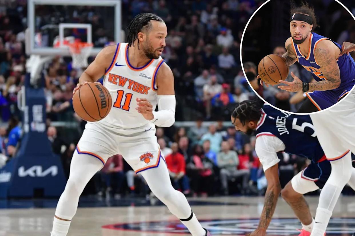 An image collage containing 2 images, Image 1 shows New York Knicks guard Jalen Brunson controls the ball against Los Angeles Clippers forward Derrick Jones Jr. and center Karl-Anthony Towns, Image 2 shows Jose Alvarado of the New York Knicks dribbles the ball against Jarred Vanderbilt of the Los Angeles Lakers