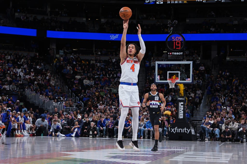 Pacôme Dadiet, who scored 11 points in garbage time, hits a 3-pointer during the fourth quarter of the Knicks’ 142-103 blowout win over the Nuggets in Denver on March 6, 2026. NBAE via Getty Images