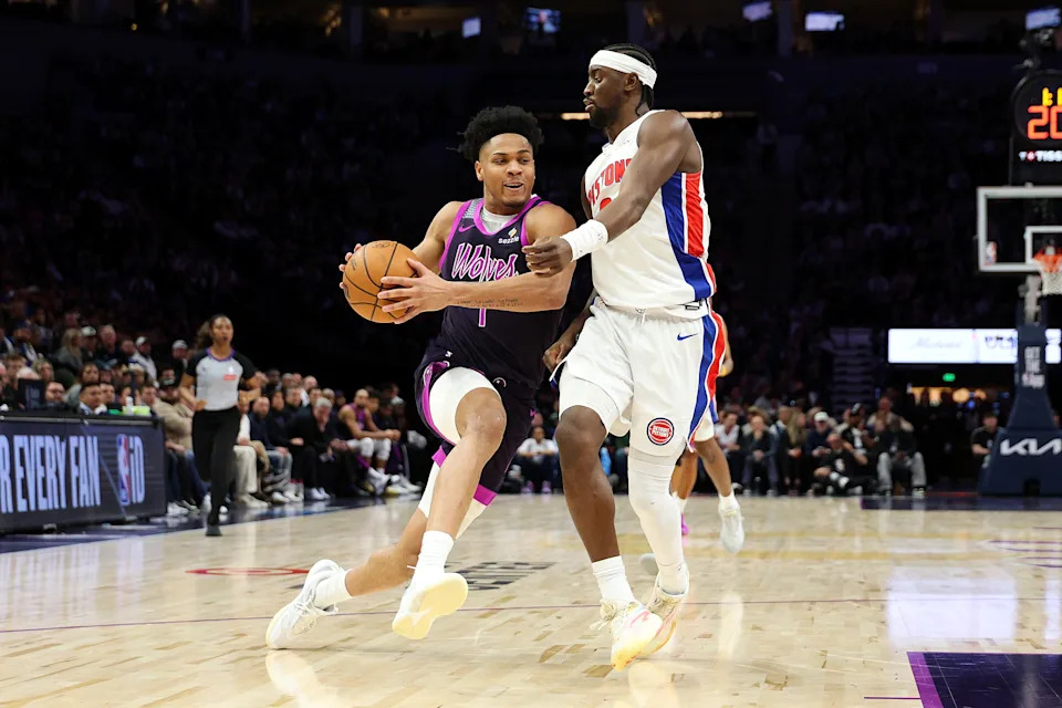 MINNEAPOLIS, MINNESOTA – MARCH 28: Terrence Shannon Jr. #1 of the Minnesota Timberwolves drives to the basket against Caris LeVert #8 of the Detroit Pistons in the third quarter at Target Center on March 28, 2026 in Minneapolis, Minnesota. The Pistons defeated the Timberwolves 109-87. NOTE TO USER: User expressly acknowledges and agrees that, by downloading and or using this photograph, User is consenting to the terms and conditions of the Getty Images License Agreement. (Photo by David Berding/Getty Images) | Getty Images