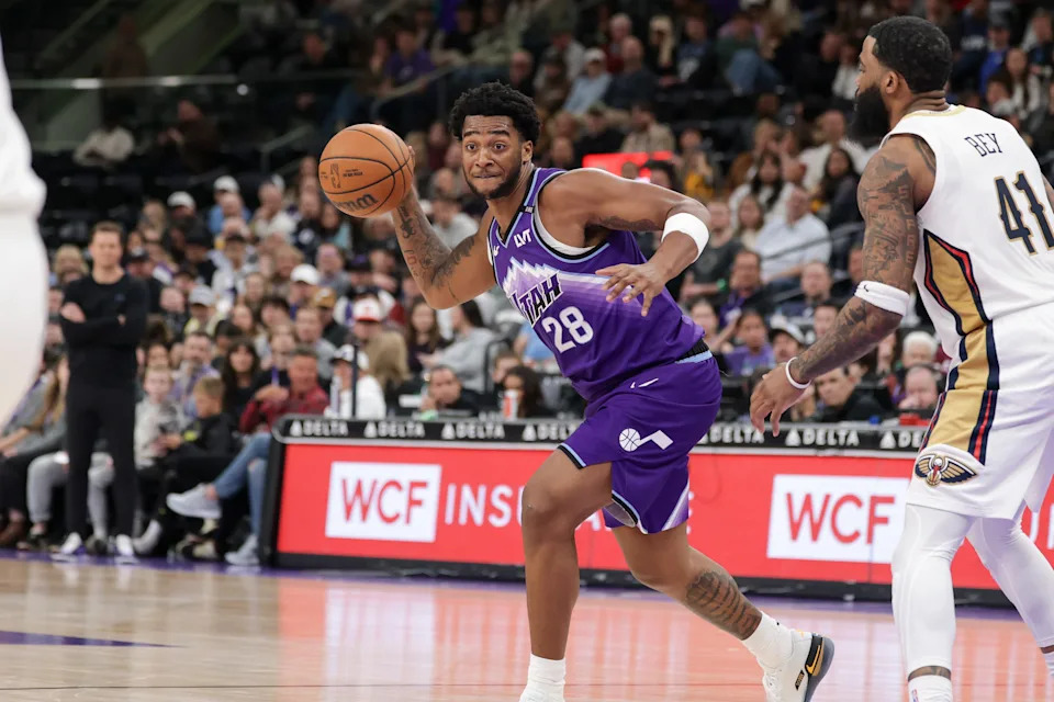 Feb 28, 2026; Salt Lake City, Utah, USA; Utah Jazz forward Brice Sensabaugh (28) looks to pass the ball during the second half against the New Orleans Pelicans at Delta Center. Mandatory Credit: Chris Nicoll-Imagn Images