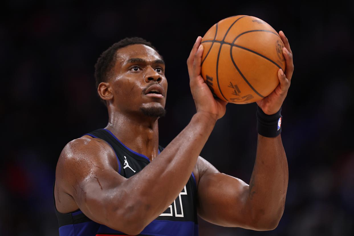 Jalen Duren #0 of the Detroit Pistons takes a second half free throw while playing the Memphis Grizzlies at Little Caesars Arena on March 13, 2026 in Detroit, Michigan.