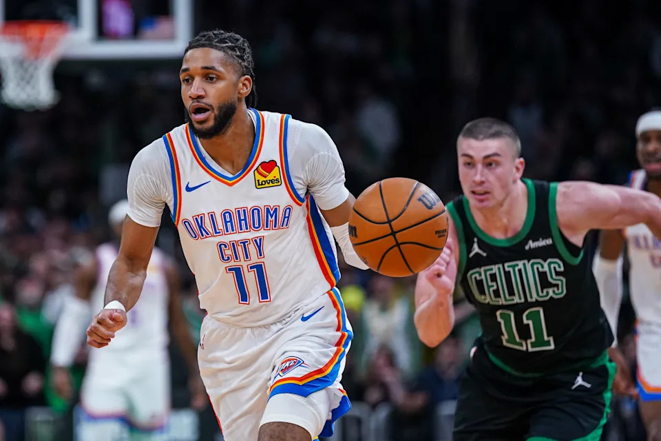 Mar 12, 2025; Boston, Massachusetts, USA; Oklahoma City Thunder guard Isaiah Joe (11) returns the ball against the Boston Celtics in the third quarter at TD Garden. Mandatory Credit: David Butler II-Imagn Images