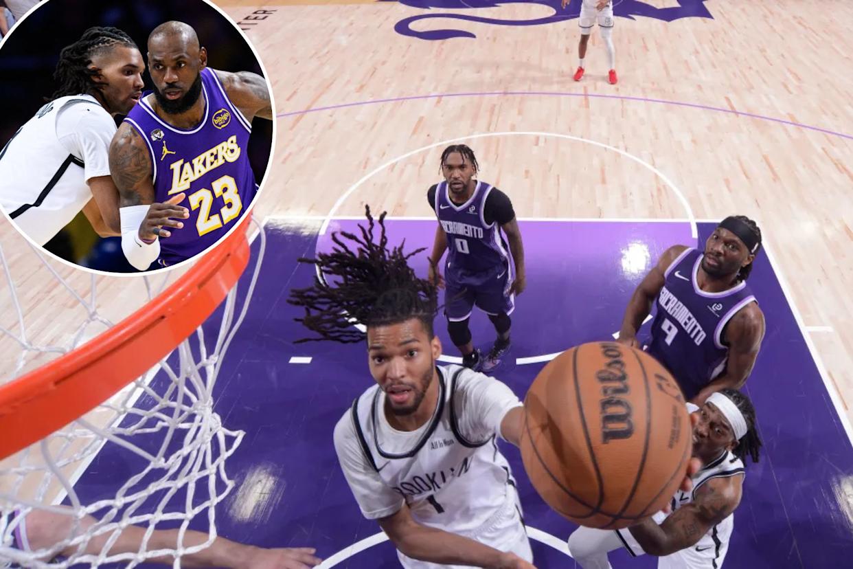 An image collage containing 2 images, Image 1 shows Ziaire Williams (1) of the Nets drives to the basket during the game against the Kings on March 22, 2026, Image 2 shows Nets forward Ziaire Williams (1) defends the Lakers' LeBron James (23) on March 27, 2026