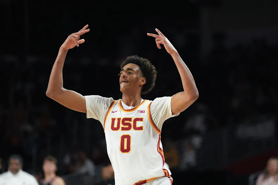 USC guard Alijah Arenas celebrates after hitting a three pointer against Indiana Feb. 3 at the Galen Center.