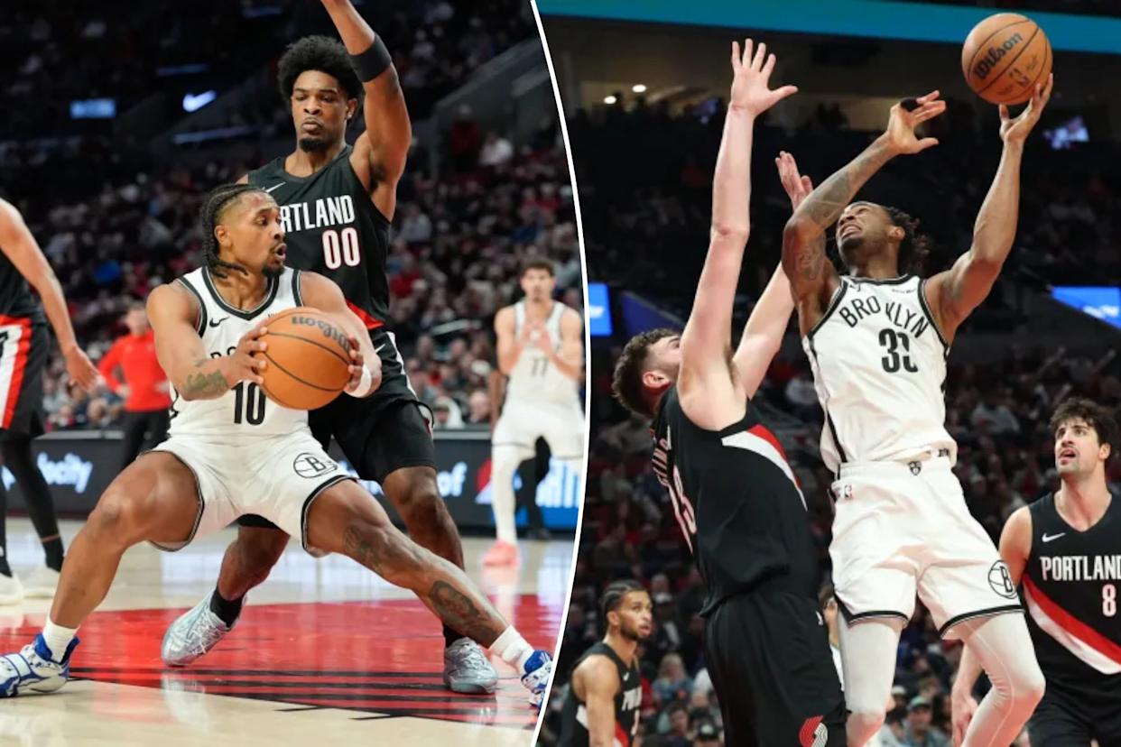 An image collage containing 2 images, Image 1 shows Nets guard Tyson Etienne (10) looks to get around Portland Trail Blazers guard Scoot Henderson (00) during the first half of an NBA basketball game Monday, March 23, 2026, in Portland, Ore, Image 2 shows Brooklyn Nets center Nic Claxton shoots over Portland Trail Blazers center Donovan Clingan