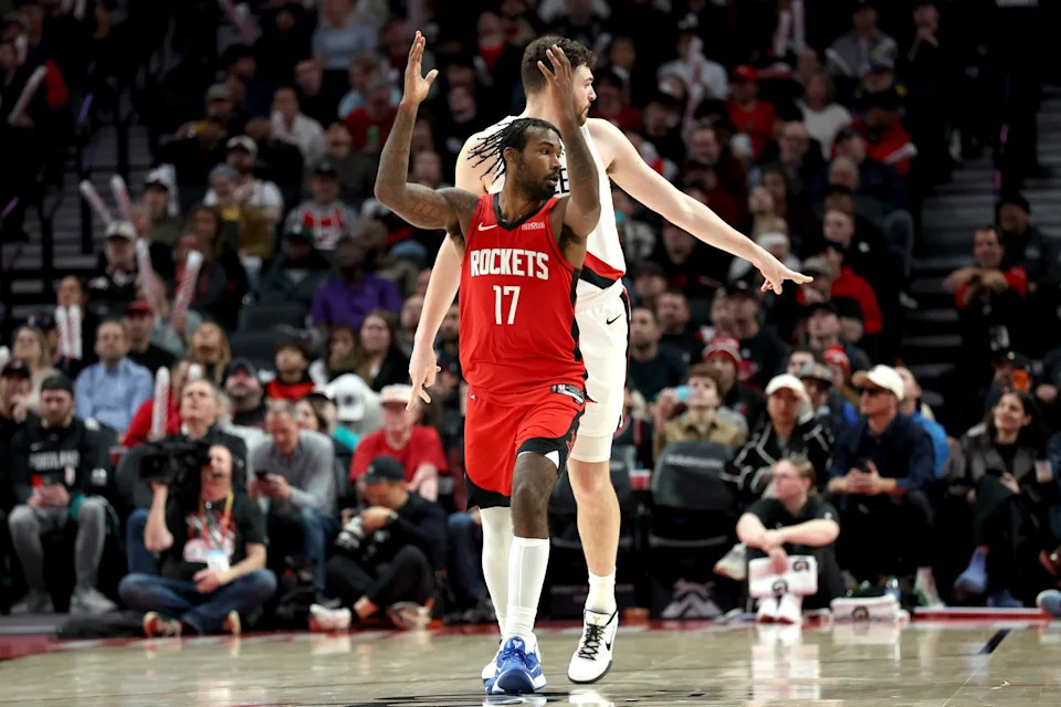 Jan 7, 2026; Portland, Oregon, USA; Houston Rockets forward Tari Eason (17) reacts after scoring against the Portland Trail Blazers uring the second half at Moda Center. Mandatory Credit: Jaime Valdez-Imagn Images