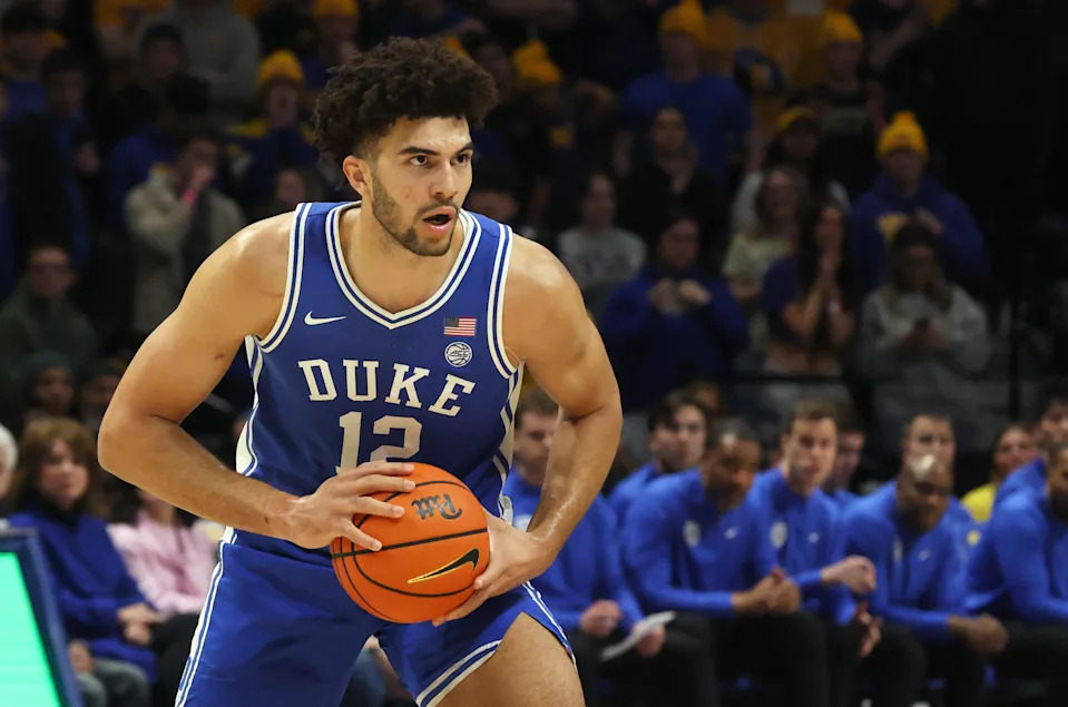 Feb 10, 2026; Pittsburgh, Pennsylvania, USA; Duke Blue Devils forward Cameron Boozer (12) handles the ball against the Pittsburgh Panthers during the first half at Petersen Events Center. Mandatory Credit: Charles LeClaire-Imagn Images
