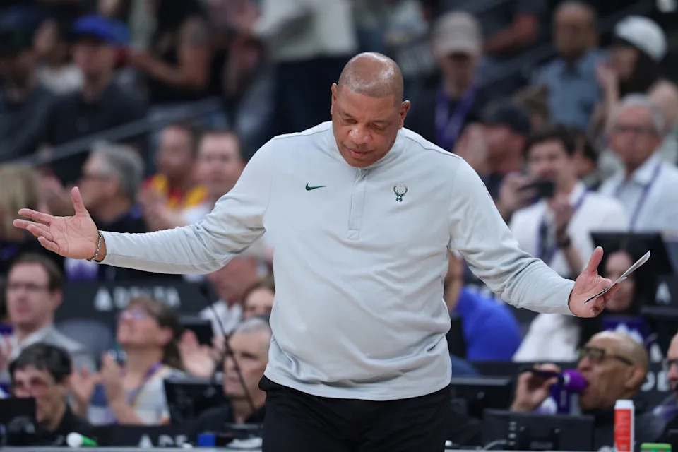 Milwaukee Bucks head coach Doc Rivers reacts after a play against the Utah Jazz during the first half at Delta Center. Rob Gray-Imagn Images