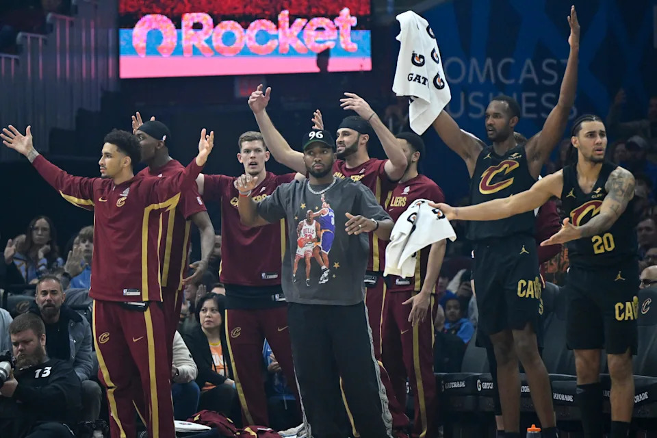 Mar 3, 2026; Cleveland, Ohio, USA; The Cleveland Cavaliers react in the first quarter against the Detroit Pistons at Rocket Arena. Mandatory Credit: David Richard-Imagn Images