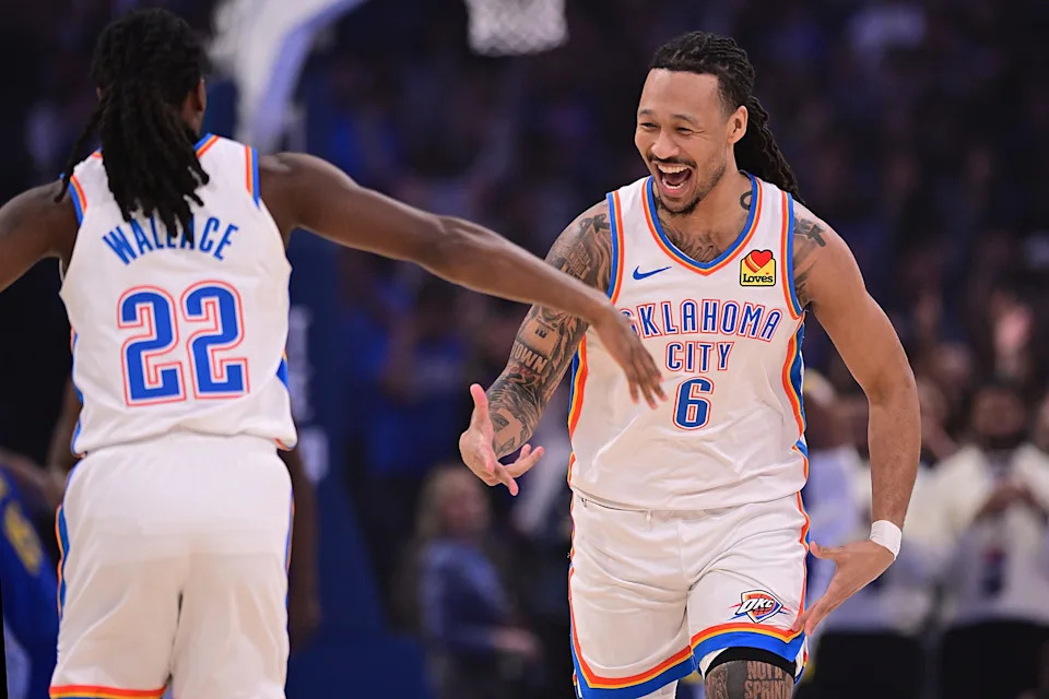 OKLAHOMA CITY, OKLAHOMA - MARCH 7: Jaylin Williams #6 of the Oklahoma City Thunder celebrates with Cason Wallace #22 of the Oklahoma City Thunder during the first half against the Golden State Warriors at Paycom Center on March 7, 2026 in Oklahoma City, Oklahoma. NOTE TO USER: User expressly acknowledges and agrees that, by downloading and or using this photograph, User is consenting to the terms and conditions of the Getty Images License Agreement. (Photo by Joshua Gateley/Getty Images)