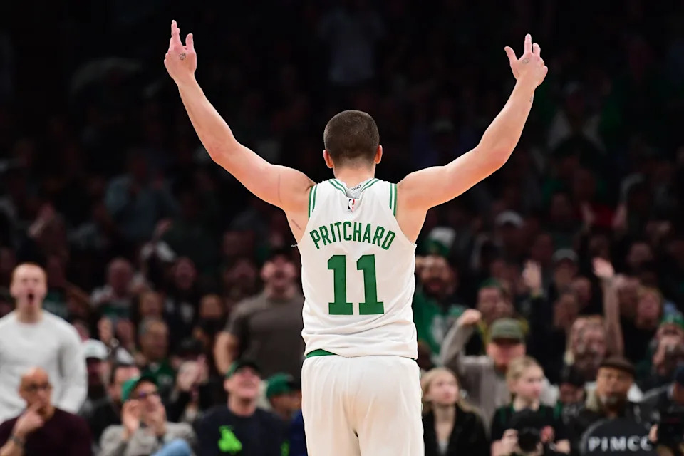 Mar 27, 2026; Boston, Massachusetts, USA; Boston Celtics guard Payton Pritchard (11) reacts after making a basket during the second half against the Atlanta Hawks at TD Garden. Mandatory Credit: Bob DeChiara-Imagn Images