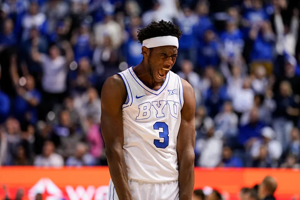 Feb 21, 2026; Provo, Utah, USA; BYU Cougars forward AJ Dybantsa (3) reacts during the second half against the Iowa State Cyclones at Marriott Center. Mandatory Credit: Aaron Baker-Imagn Images