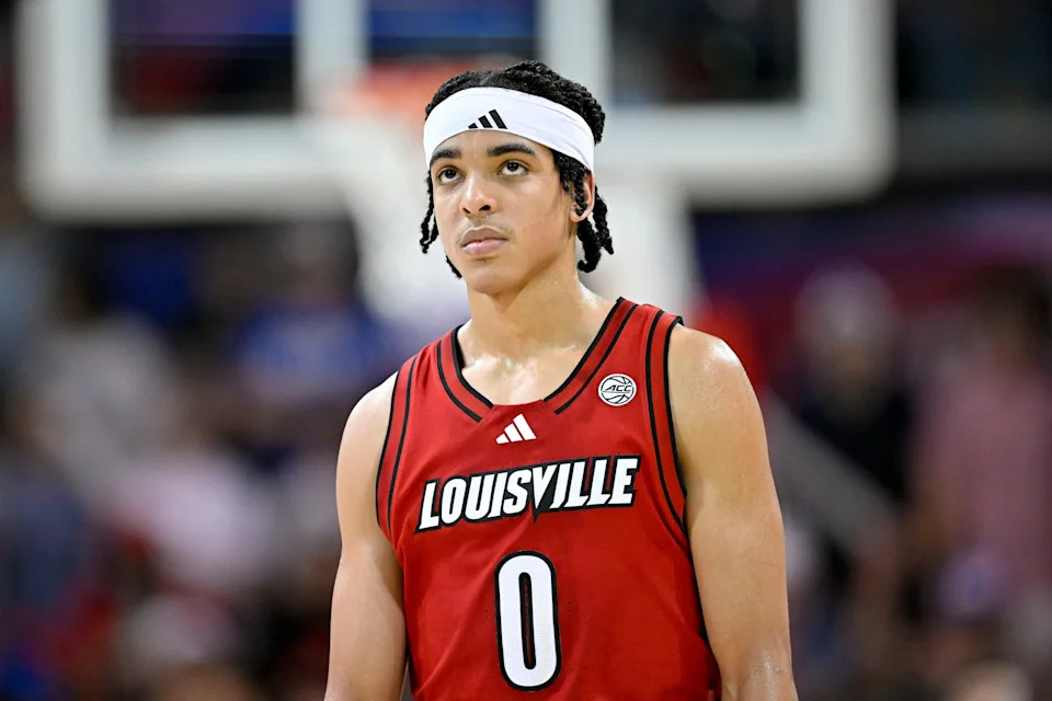 Feb 17, 2026; Dallas, Texas, USA; Louisville Cardinals guard Mikel Brown Jr. (0) looks on during the second half against the SMU Mustangs at Moody Coliseum. Mandatory Credit: Jerome Miron-Imagn Images