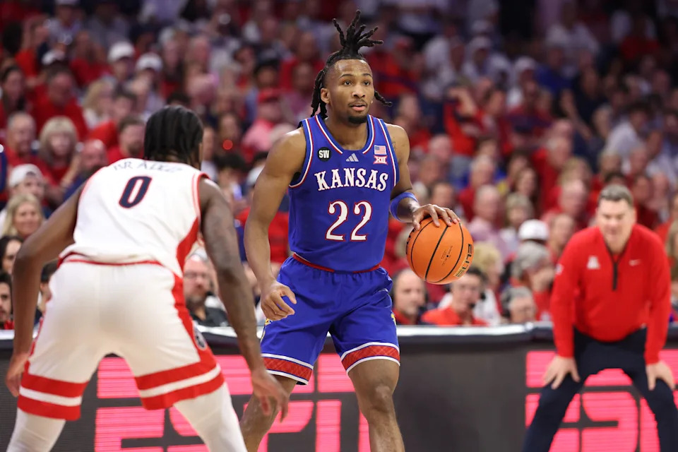 TUCSON, ARIZONA – FEBRUARY 28: Darryn Peterson #22 of the Kansas Jayhawks handles the ball during the second half against the Arizona Wildcats at McKale Center at ALKEME Arena on February 28, 2026 in Tucson, Arizona. (Photo by Chris Coduto/Getty Images) | Getty Images