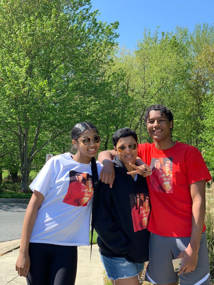 Angel Reese with her mom Angel Webb Reese and brother Julian Reese on the day he committed to the University of Maryland.Credit: Angel Reese X