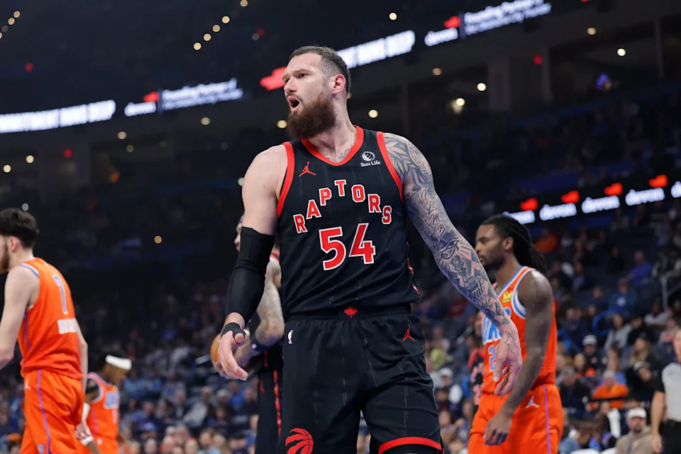 Jan 25, 2026; Oklahoma City, Oklahoma, USA; Toronto Raptors forward/center Sandro Mamukelashvili (54) reacts to an officials call during the first quarter against the Oklahoma City Thunder at Paycom Center. Mandatory Credit: Alonzo Adams-Imagn Images