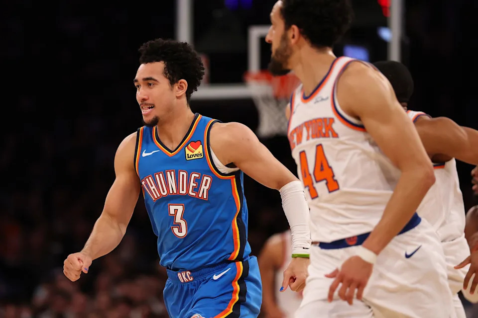 NEW YORK, NEW YORK - MARCH 04: Jared McCain #3 of the Oklahoma City Thunder reacts to a basket during the third quarter against the New York Knicks at Madison Square Garden on March 04, 2026 in New York City. NOTE TO USER: User expressly acknowledges and agrees that, by downloading and or using this photograph, user is consenting to the terms and conditions of the Getty Images License Agreement. (Photo by Ishika Samant/Getty Images)