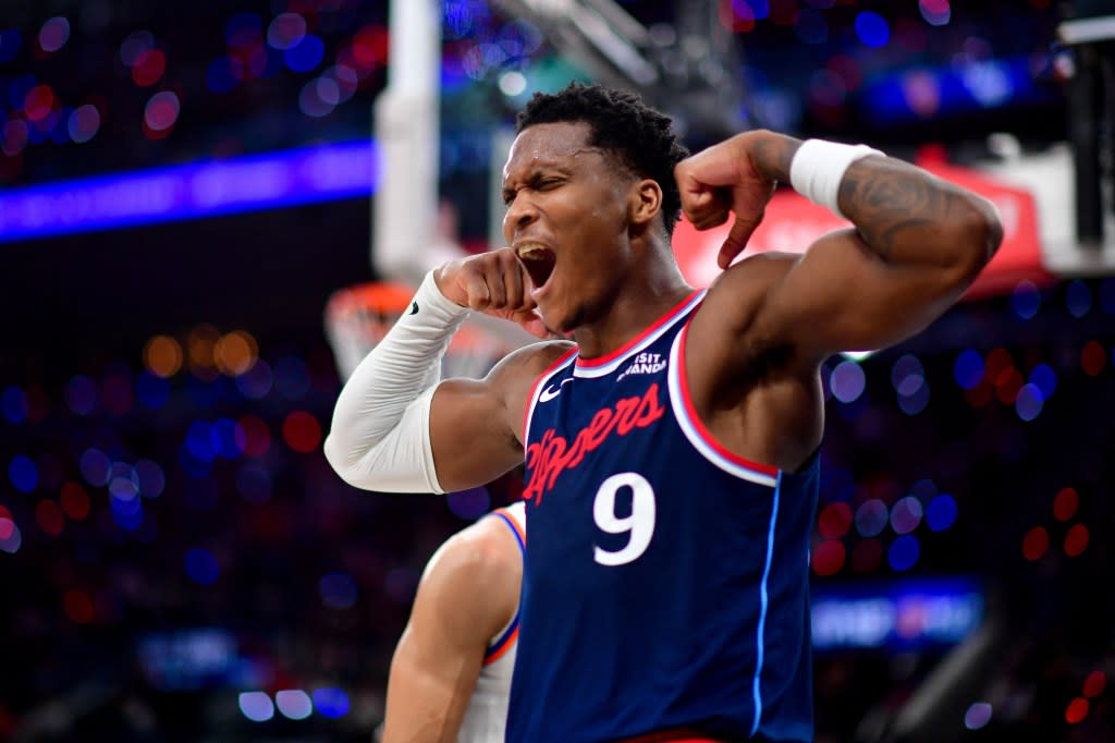 Bennedict Mathurin celebrates after scoring a basket and drawing the foul against the New York Knicks. IMAGN IMAGES via Reuters Connect