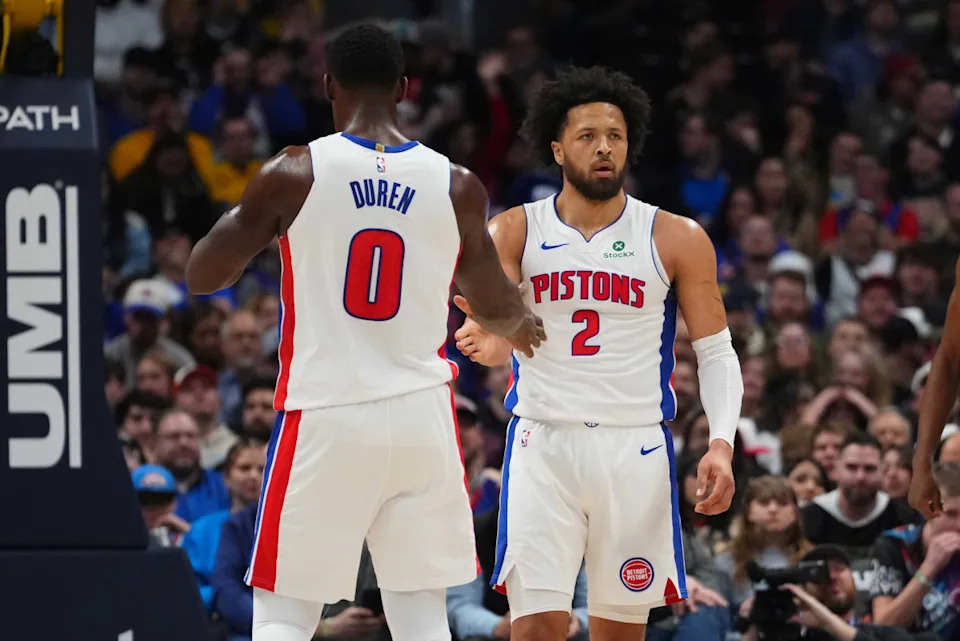 Detroit Pistons guard Cade Cunningham (2) and center Jalen Duren (0) react to a foul called in the first quarter against the Denver Nuggets at Ball Arena.<br> © Ron Chenoy-Imagn Images