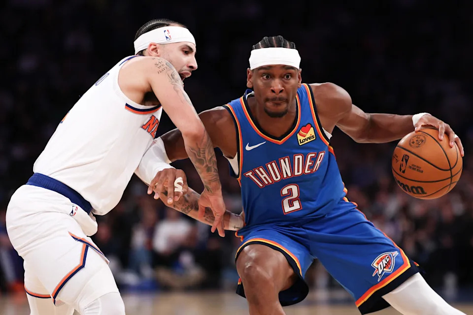 Mar 4, 2026; New York, New York, USA; Oklahoma City Thunder guard Shai Gilgeous-Alexander (2) is guarded by New York Knicks guard Jose Alvarado (5) during the first half at Madison Square Garden. Mandatory Credit: Vincent Carchietta-Imagn Images