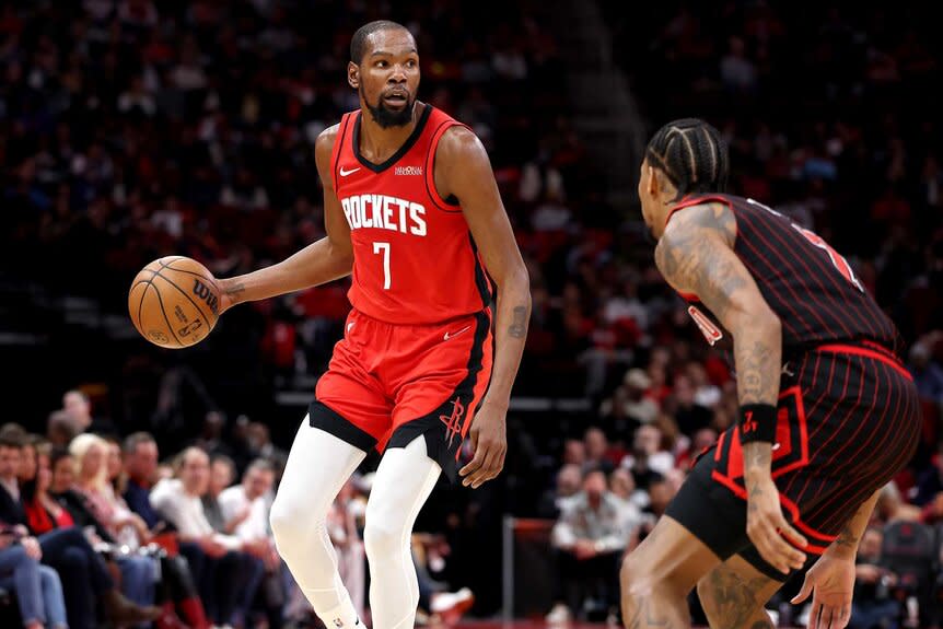Kevin Durant of the Houston Rockets in action during the second quarter of the game against Dalen Terry of the Chicago Bulls.