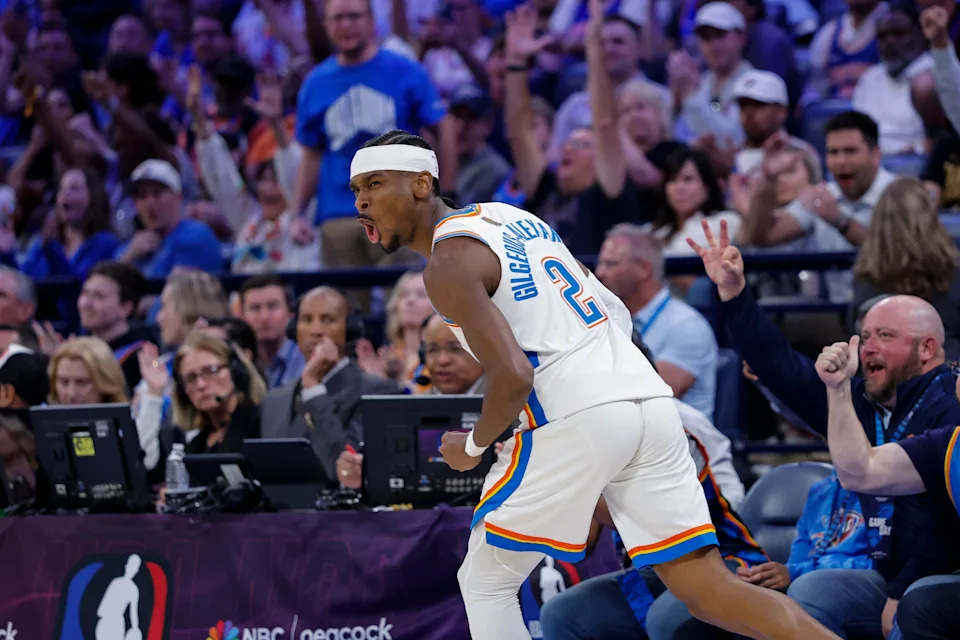 Mar 29, 2026; Oklahoma City, Oklahoma, USA; Oklahoma City Thunder guard Shai Gilgeous-Alexander (2) celebrates after scoring against the New York Knicks during the second half at Paycom Center. Mandatory Credit: Alonzo Adams-Imagn Images