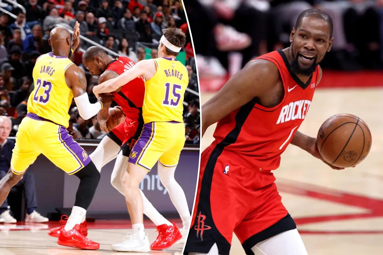 An image collage containing 2 images, Image 1 shows Kevin Durant double teamed by Austin Reaves and LeBron James, Image 2 shows Houston Rockets star Kevin Durant vs. Los Angeles Lakers LeBron James