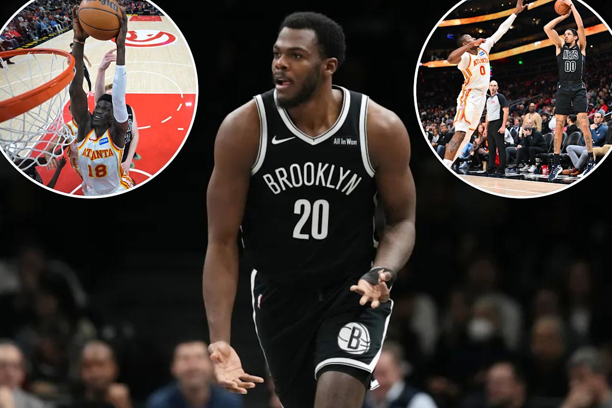 An image collage containing 3 images, Image 1 shows Nets center Day'Ron Sharpe is out for the season with a left thumb injury, Image 2 shows Josh Minott, who scored a team-high 24 points off the bench for Brooklyn, shoots over Jonathan Kuminga during the Nets 108-97 loss to the Hawks on March 12, 2026 in Atlanta, Image 3 shows Mouhamed Gueye goes up for a dunk during the Nets' road loss to the Hawks